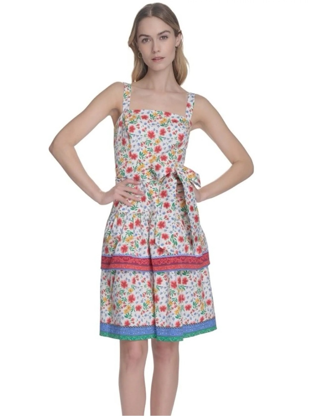 NWT Eliza J Sz 4P Floral Sundress Smocked Back Tiered Skirt Self Tie Belt Cotton